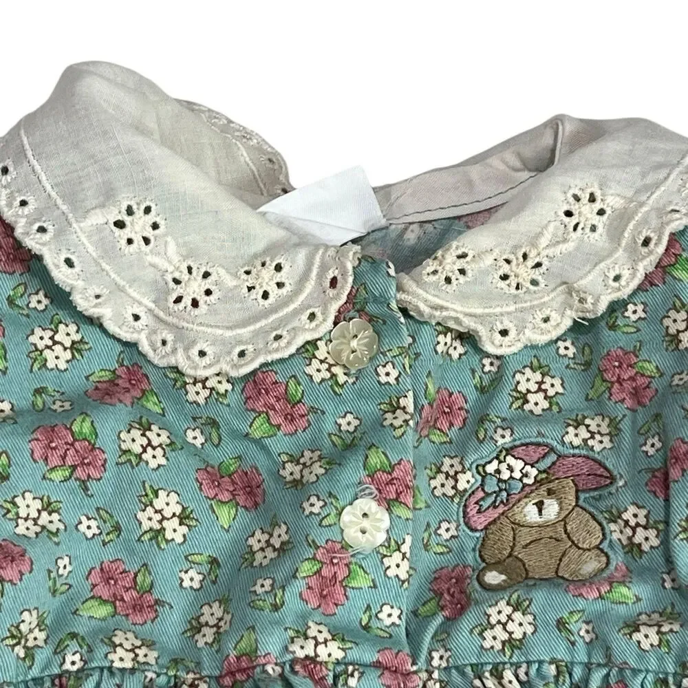 Vintage Carters Baby Romper 12-18M Blue Floral Lace Bear Embroidery cute classic